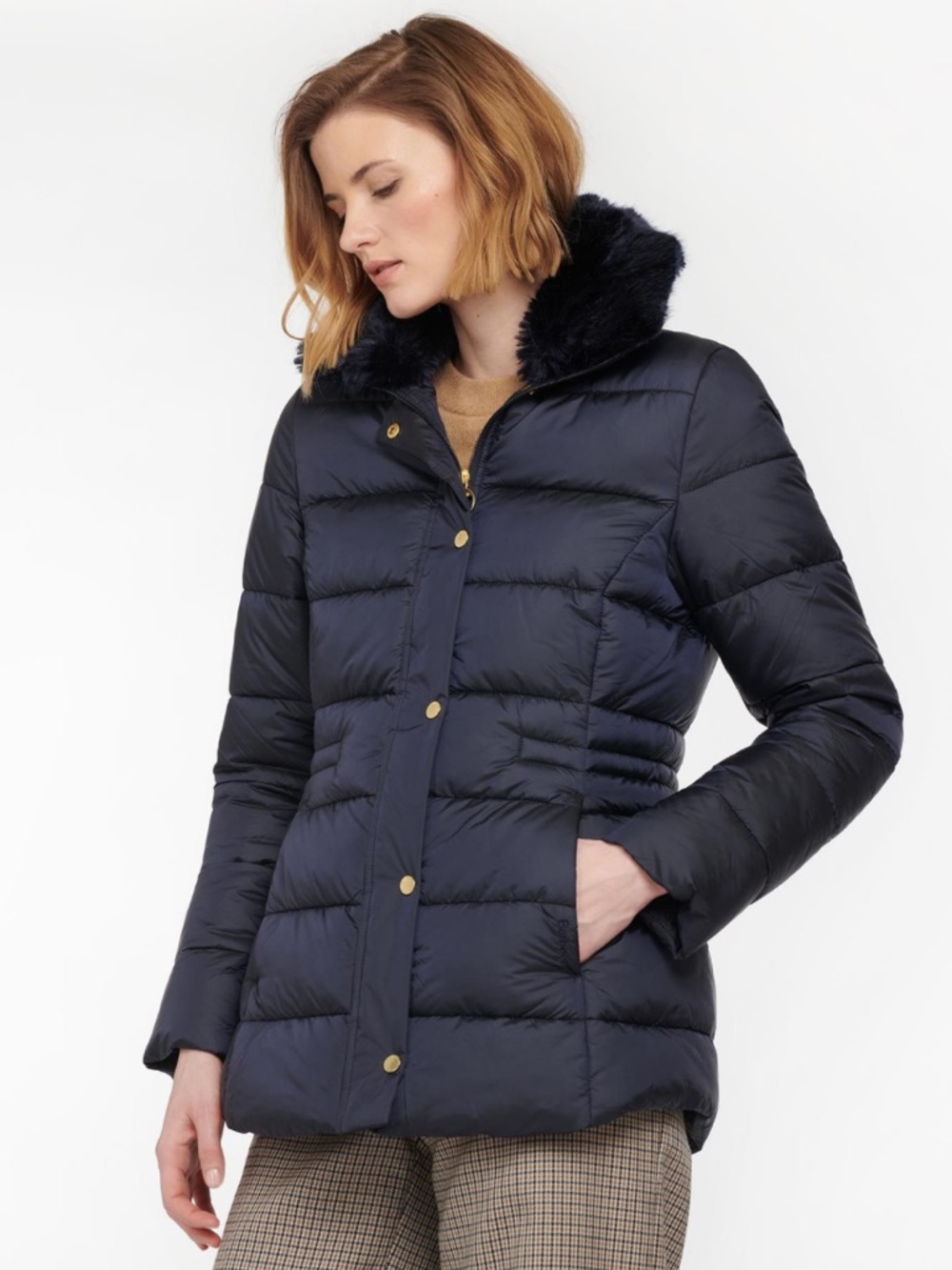 Barbour Navy Quilted Puffer Jacket with Fur Hood